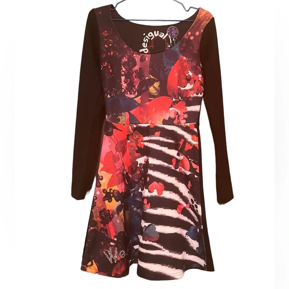Desigual XS Abstract Front Black Back Long Sleeve Dress